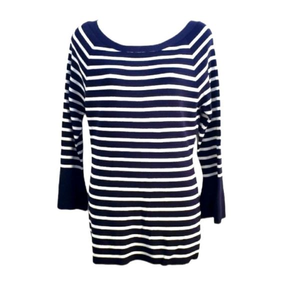 Charlie Paige Blue and White Striped Bateau Neck Sweater Top M - Picture 1 of 8